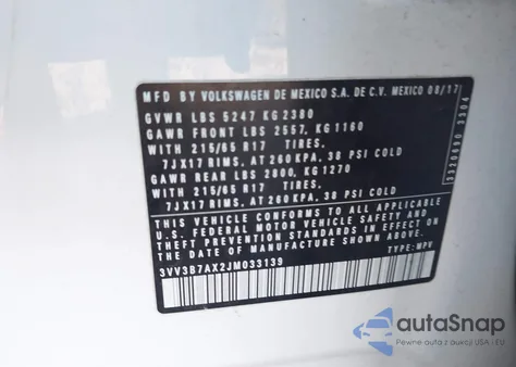 2018 Volkswagen Tiguan 2.0T Se/2.0T Sel z USA, uszkodzony, nr VIN 3VV3B7AX2JM033139